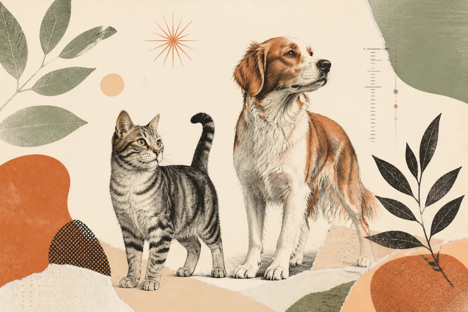 An editorial paper collage of a cat and dog among botanical shapes